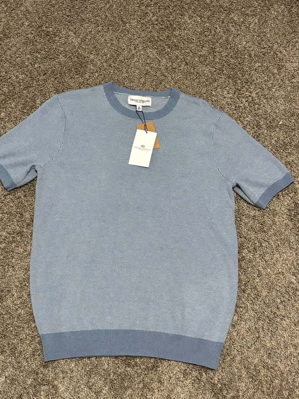 Thomas Sterling Men's Blue Textured Knit Short Sleeve Sweater